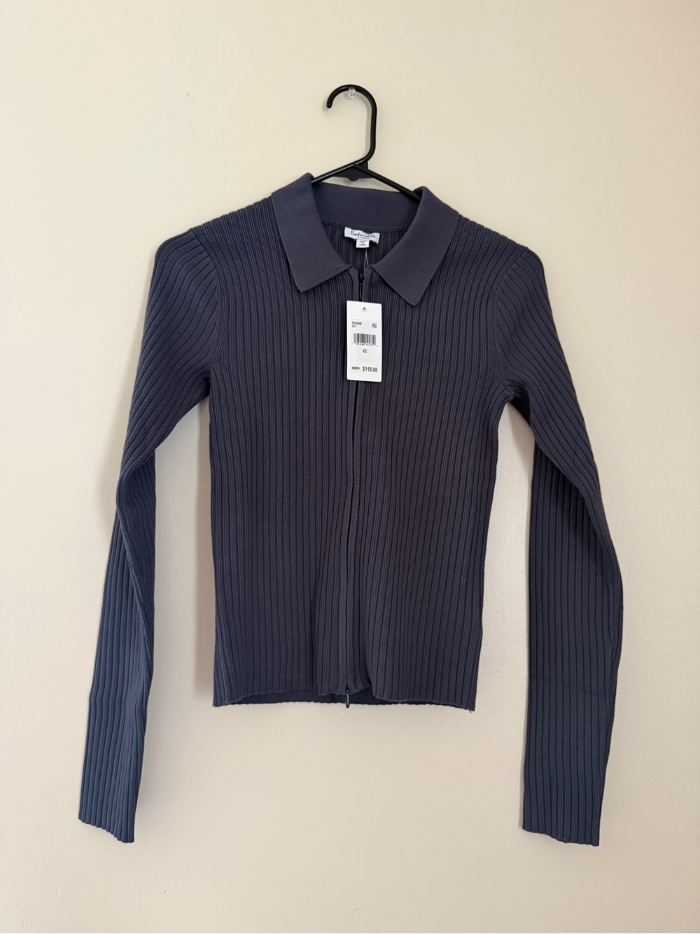 Splendid Ribbed Zip-Front Long Sleeve Polo Top - Navy